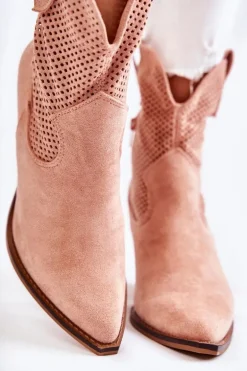 Damskie Zamszowe Ażurowe Botki Kowbojki Różowe Eleonore