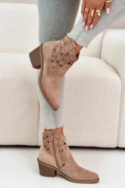 Damskie Zamszowe Ażurowe Botki Kowbojki Beżowe S.Barski HY42-086