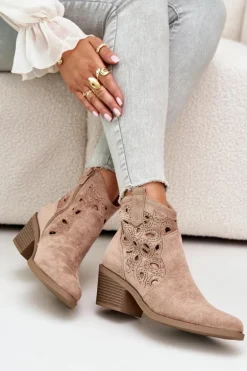Damskie Zamszowe Ażurowe Botki Kowbojki Beżowe S.Barski HY42-086