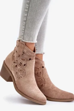 Damskie Zamszowe Ażurowe Botki Kowbojki Beżowe S.Barski HY42-086