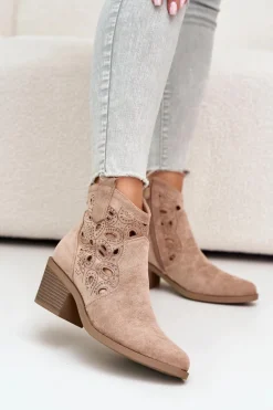 Damskie Zamszowe Ażurowe Botki Kowbojki Beżowe S.Barski HY42-086