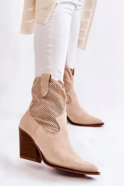 Damskie Zamszowe Ażurowe Botki Kowbojki Beżowe Eleonore