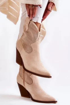 Damskie Zamszowe Ażurowe Botki Kowbojki Beżowe Eleonore