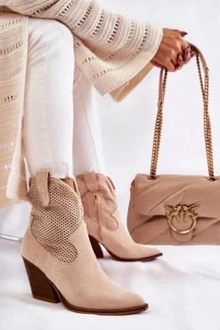 Damskie Zamszowe Ażurowe Botki Kowbojki Beżowe Eleonore
