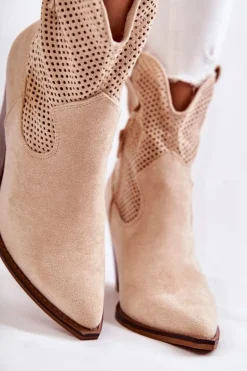 Damskie Zamszowe Ażurowe Botki Kowbojki Beżowe Eleonore