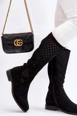 Damskie Zamszowe Ażurowe Kozaki Przed Kolano Czarne Savannah