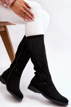Damskie Zamszowe Ażurowe Kozaki Przed Kolano Czarne Savannah