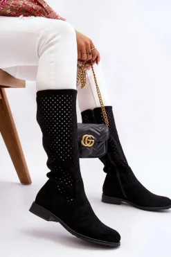 Damskie Zamszowe Ażurowe Kozaki Przed Kolano Czarne Savannah