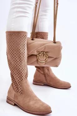 Damskie Zamszowe Ażurowe Kozaki Przed Kolano Beżowe Savannah