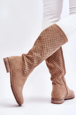 Damskie Zamszowe Ażurowe Kozaki Przed Kolano Beżowe Savannah