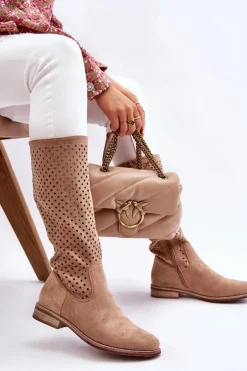 Damskie Zamszowe Ażurowe Kozaki Przed Kolano Beżowe Savannah