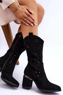 Damskie Zamszowe Ażurowe Kozaki Czarne Adelia