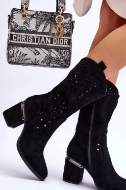 Damskie Zamszowe Ażurowe Kozaki Czarne Adelia