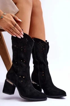 Damskie Zamszowe Ażurowe Kozaki Czarne Adelia