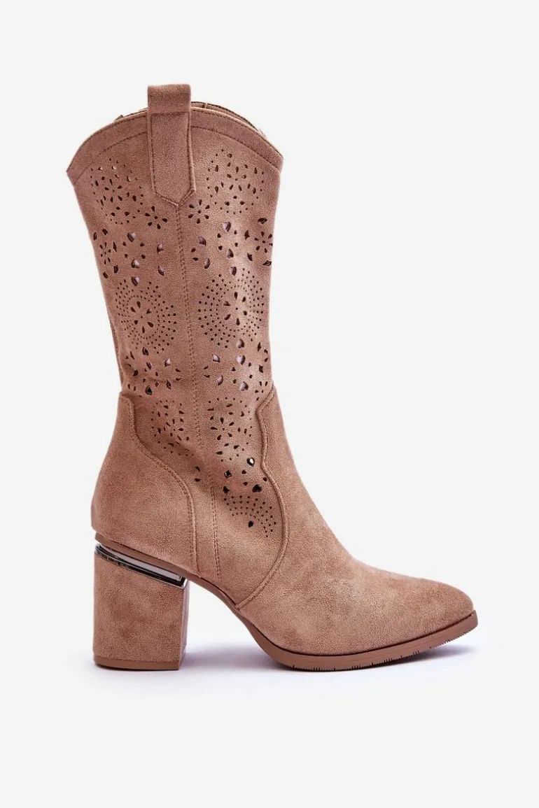 Damskie Zamszowe Ażurowe Kozaki Beżowe Adelia