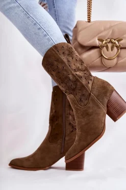 Damskie Zamszowe Botki Kowbojki W Kwiaty Khaki Ariane