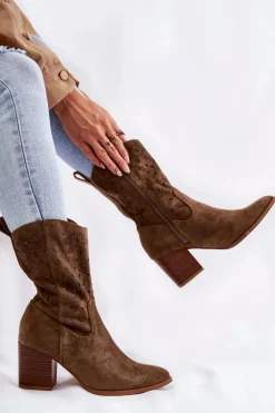 Damskie Zamszowe Botki Kowbojki W Kwiaty Khaki Ariane
