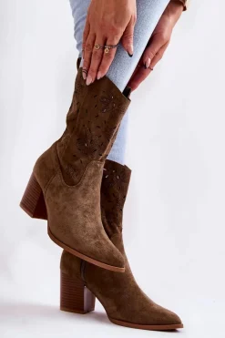 Damskie Zamszowe Botki Kowbojki W Kwiaty Khaki Ariane
