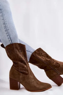 Damskie Zamszowe Botki Kowbojki W Kwiaty Khaki Ariane
