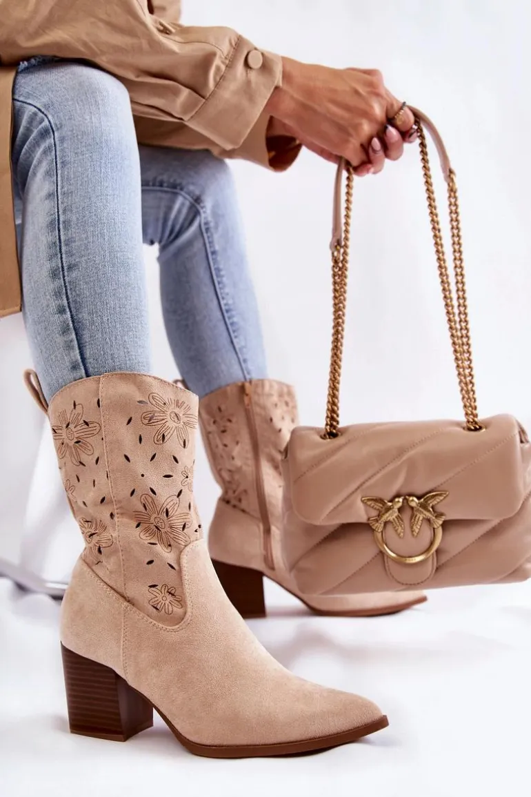 Damskie Zamszowe Botki Kowbojki W Kwiaty Beżowe Ariane