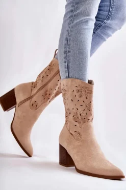 Damskie Zamszowe Botki Kowbojki W Kwiaty Beżowe Ariane