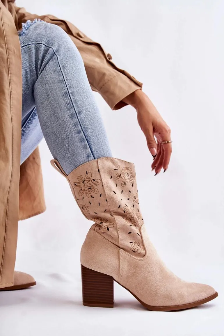 Damskie Zamszowe Botki Kowbojki W Kwiaty Beżowe Ariane