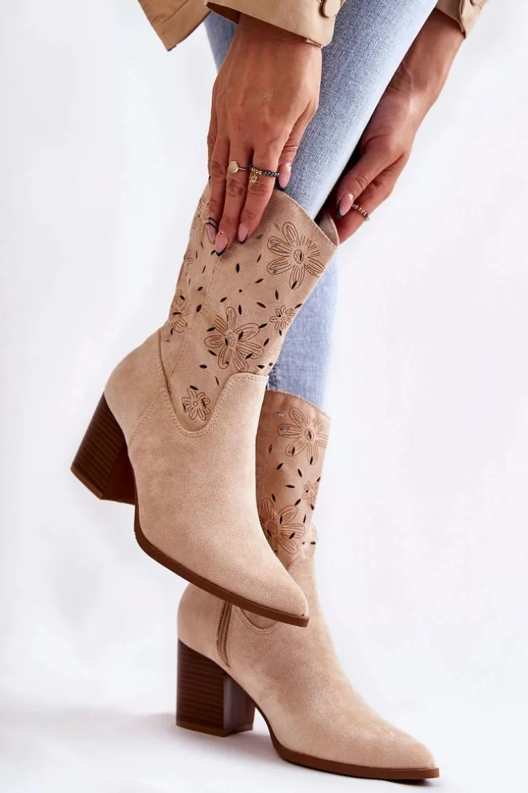 Damskie Zamszowe Botki Kowbojki W Kwiaty Beżowe Ariane