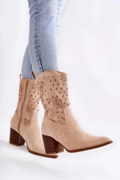 Damskie Zamszowe Botki Kowbojki W Kwiaty Beżowe Ariane