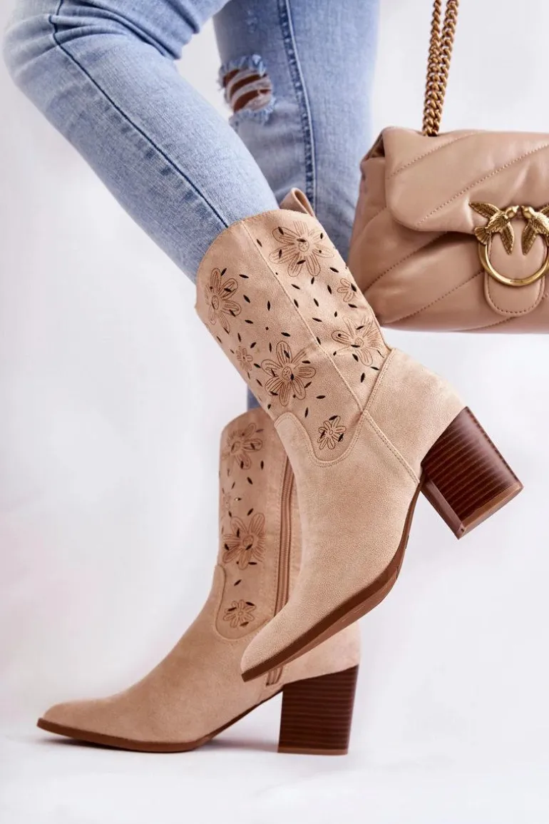 Damskie Zamszowe Botki Kowbojki W Kwiaty Beżowe Ariane