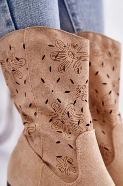 Damskie Zamszowe Botki Kowbojki W Kwiaty Beżowe Ariane