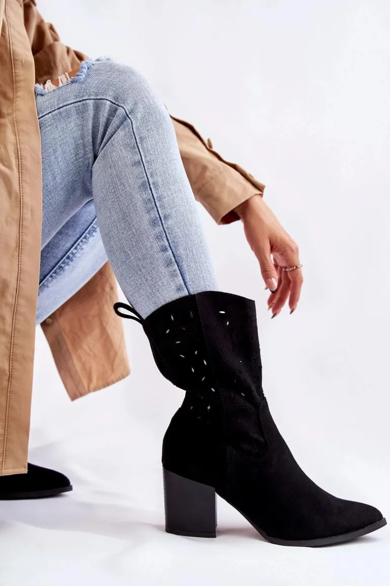 Damskie Zamszowe Botki Kowbojki W Kwiaty Czarne Ariane