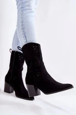 Damskie Zamszowe Botki Kowbojki W Kwiaty Czarne Ariane