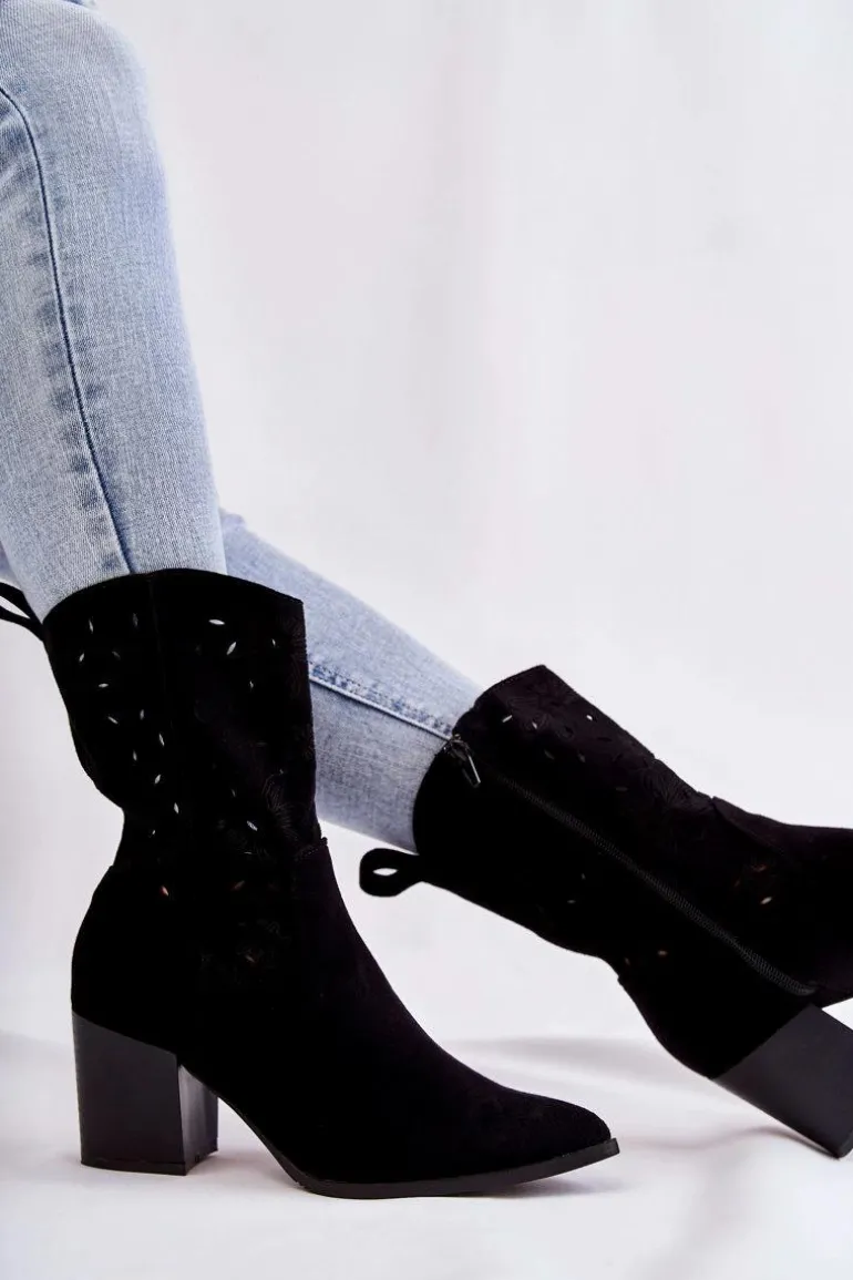 Damskie Zamszowe Botki Kowbojki W Kwiaty Czarne Ariane