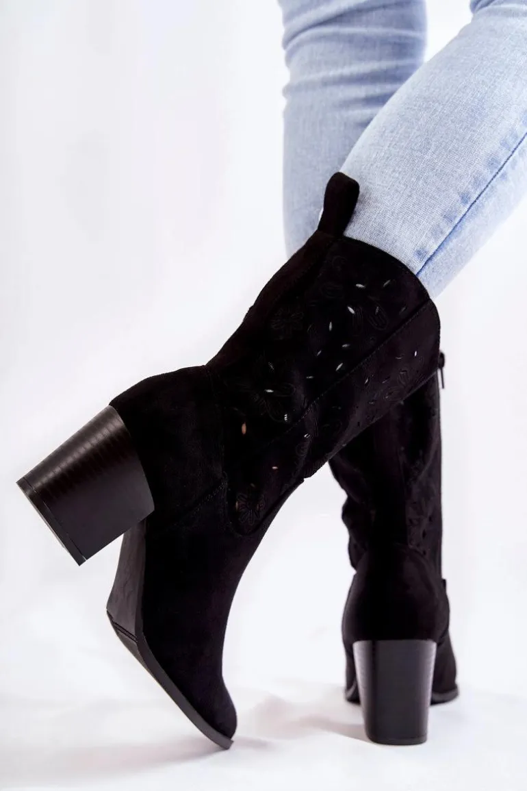 Damskie Zamszowe Botki Kowbojki W Kwiaty Czarne Ariane