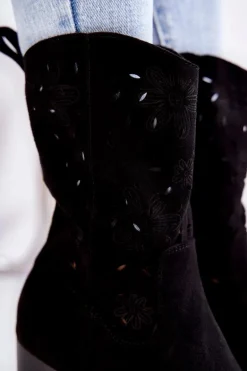 Damskie Zamszowe Botki Kowbojki W Kwiaty Czarne Ariane