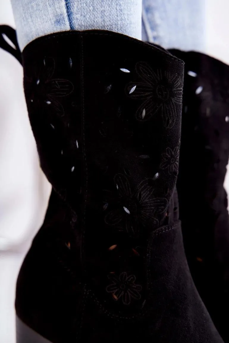 Damskie Zamszowe Botki Kowbojki W Kwiaty Czarne Ariane