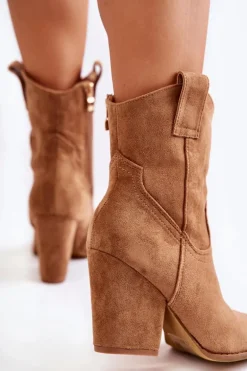 Damskie Zamszowe Botki Kowbojki Camel Mindy