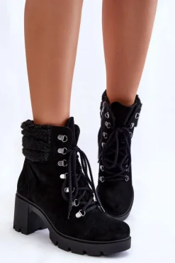 Damskie Zamszowe Botki Na Słupku Czarne Lemar Avely