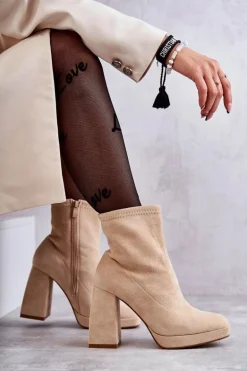 Damskie Zamszowe Botki Na Obcasie Jasnobeżowe Ramira