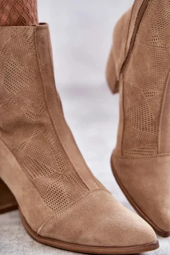 Damskie Zamszowe Botki Na Obcasie Nicole 2757 Beżowe