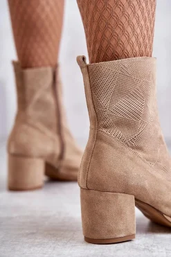 Damskie Zamszowe Botki Na Obcasie Nicole 2757 Beżowe