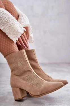Damskie Zamszowe Botki Na Obcasie Nicole 2757 Beżowe