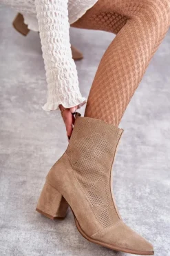 Damskie Zamszowe Botki Na Obcasie Nicole 2757 Beżowe