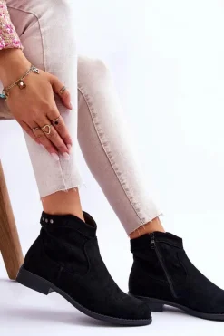Damskie Zamszowe Botki Na Płaskim Obcasie Czarne Liana
