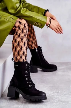 Damskie Zamszowe Botki Na Obcasie Czarne Grethe