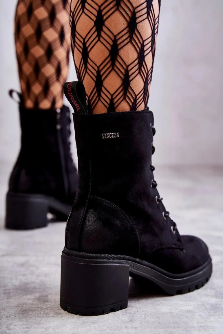 Damskie Zamszowe Botki Na Obcasie Czarne Grethe