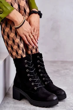 Damskie Zamszowe Botki Na Obcasie Czarne Grethe