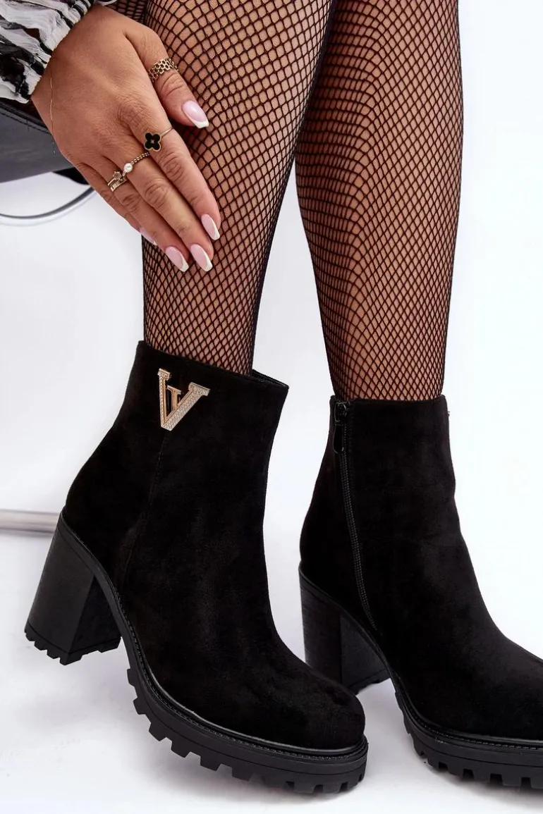 Damskie Zamszowe Botki Na Słupku Z Ozdobą Czarne Strong