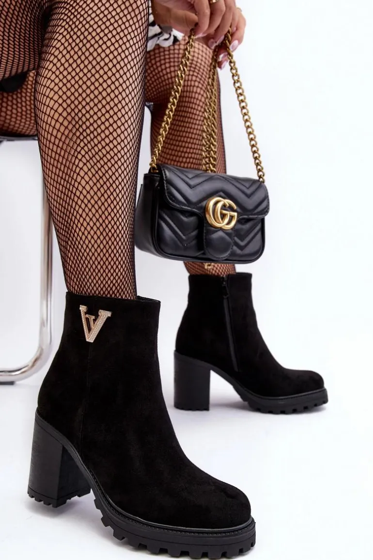 Damskie Zamszowe Botki Na Słupku Z Ozdobą Czarne Strong