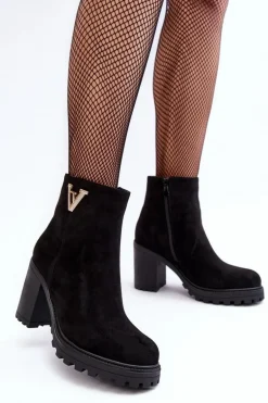 Damskie Zamszowe Botki Na Słupku Z Ozdobą Czarne Strong